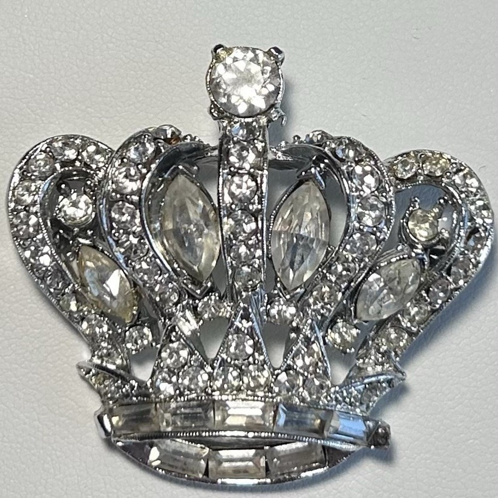 Vintage Pell Rhinestone Crown Brooch Silver Tone Clear Rhinestones